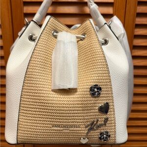Karl Lagerfeld Elegant White and Tan Bucket Bag.